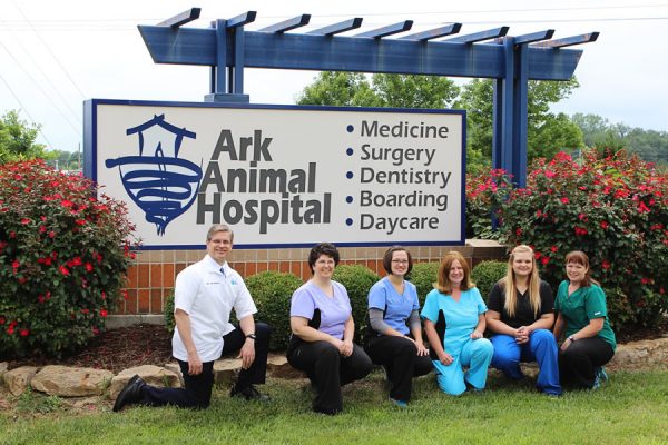 Six team members posing outside next to the sign for the Ark Animal Hospital